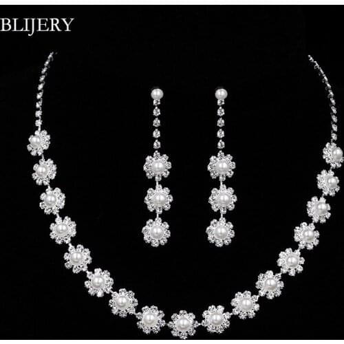 BLIJERY Elegant Simulated Pearl Crystal Bridal Wedding Jewelry Sets Choker Necklace Earrings Set for Women Party Jewelry Gifts