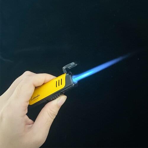 LUBINSKI Metal Cigar Lighter 4 Jet Windproof Torch Lighter Butane Cigarette Lighters Gas Portable Bulit-in Cigar Holder Stand