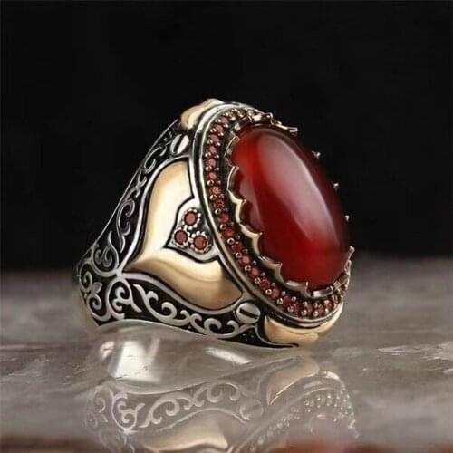 2021 Fashion Retro Middle East Arab Style Red Zircon Flame Heart Ring Punk Jewelry Mens Wedding Engagement Ring Party Gift