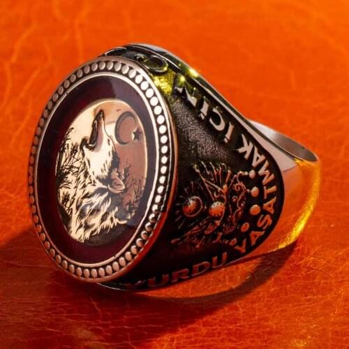 Ottoman Tughra Motif Men Jewelery Moon Star and Wolf Motif Silver Ring Animal Silver Men Ring