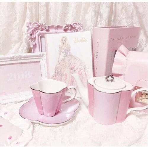 Pink Teapot Set Cup And Saucer Plates Four Leaf Grass Series Japanese Style Drinkware