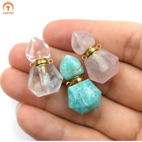 Natural Gems Urn Stone Perfume bottle Pendant Crystal Quartz Vial Small Hexagon Charms For Women Necklace Jewelry DIY Making