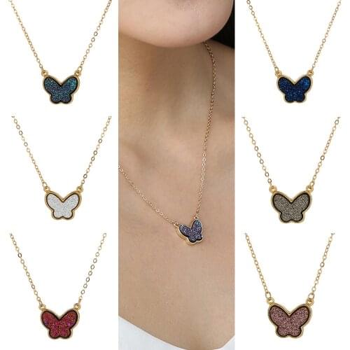 New Valentines Gift Faux Resin Stone Small Butterfly Druzy Necklaces for Women Pendants