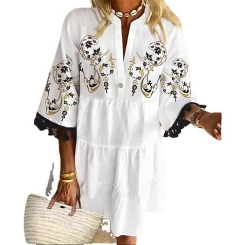 2021 Autumn Hot Sale European And American Playful Temperament Printed Fringe V-neck Casual Short Big Swing Dress