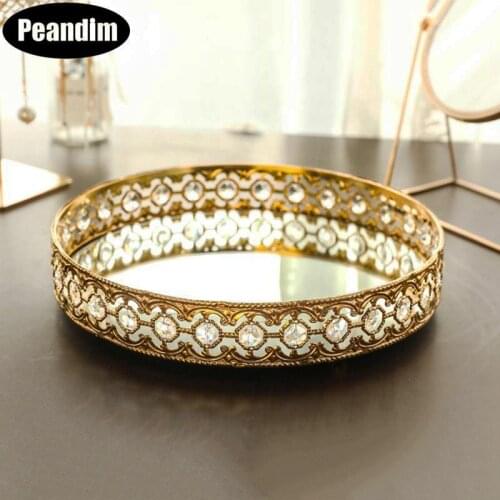 PEANDIM Gold Tray Hollow Plate Crystal Cake Stand Fruit Makeup Display Tools Fruit Wedding Centerpieces Home Table Storage Decor