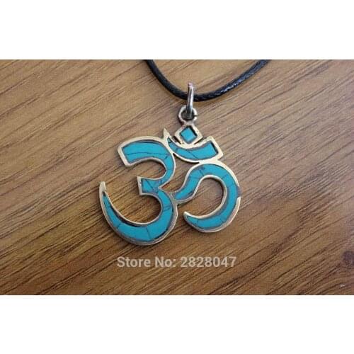 PN280 Tibetan Metal Brass Semi-precious Stone OM Amulet Pendant Handmade Nepal Antiqued Mantra OM Charm Man Jewelry