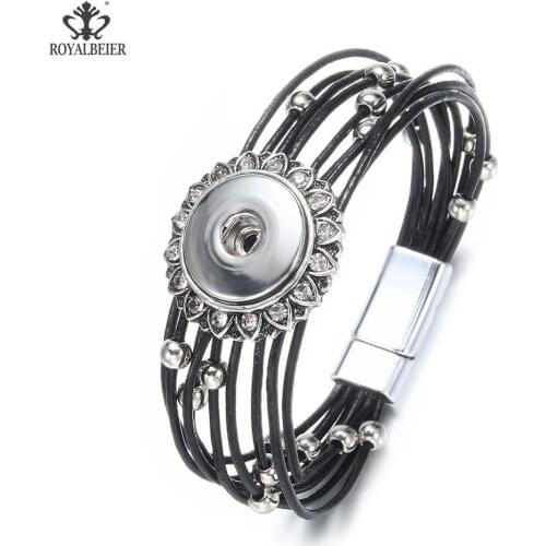 Applicable 18mm Snap Leather Rope Chain Magnet Buckle Bracelet Rhinestone Snap Button Bracelet Ladies Jewelry