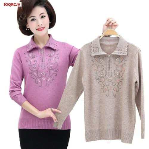 Large Size Middle-aged Womens Pullover Sweaters Autumn Winter Long-sleeved Lapel Zipper Knitting Tops Casual Sweater Coat W1714
