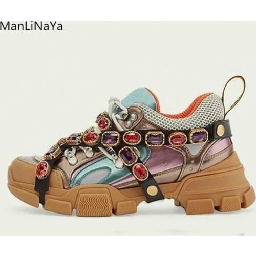 Crystal Designer Lace Up Sneakers Women Flats Shoes Mix Color White Thick Heel Clunky Sneakers Casual Leather Ladies Shoes 2021