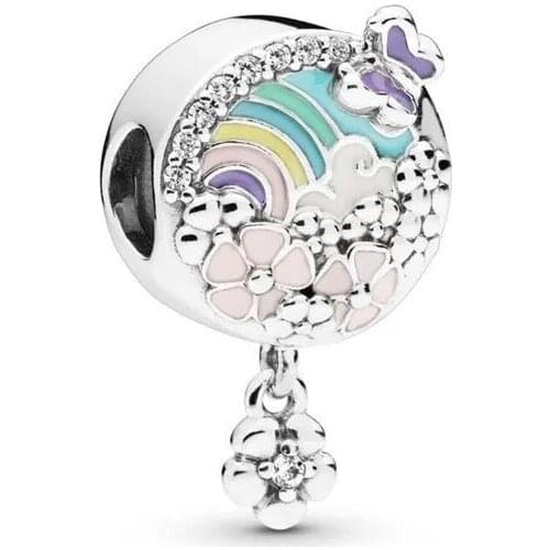 Genuine sterling silver 925 flower charm rainbow pendant round beads fit Pandora bracelet women fashion jewelry gift making DIY