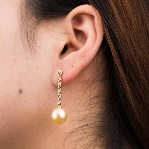 Gorgeous 10.8-11.5mm Real South Sea Golden Pearl Drop Earrings 18k Yellow Gold