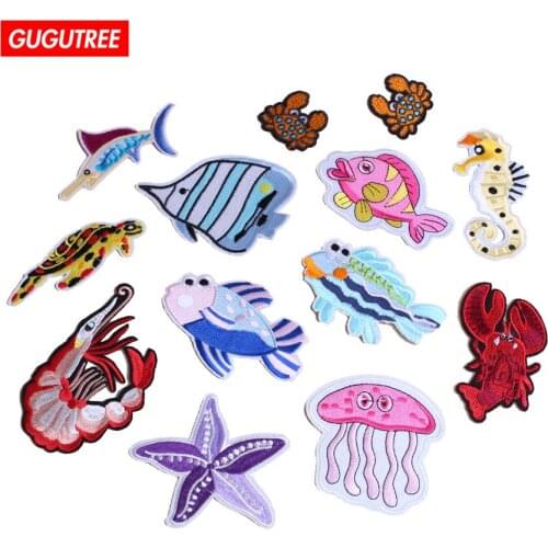 GUGUTREE embroidery animal patches fish badges patch,embroidered appliques for denim jeans