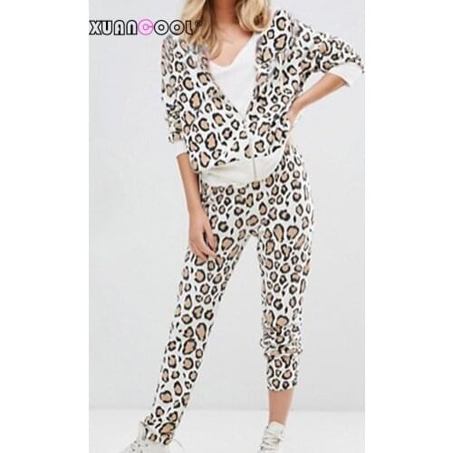 XUANCOOL 2020 Women Tracksuit Autumn Winter Hoodies Clothing Set Leopard Print Zipper Pocket Long Pants Sporting Suit Female