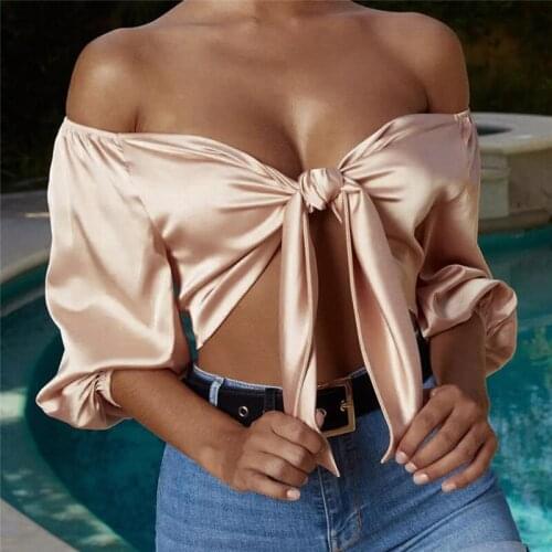 2020 Summer New Womens Ladies Satin Silk T-Shirts Sexy Solid Bow Tie Up Knot Puff Sleeved Off Shoulder Crop Top Party Tank Tops