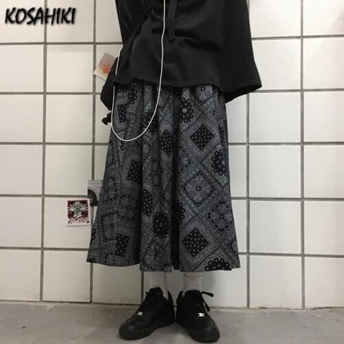 KOSAHIKI Vintage Grey Gothic Print 2021 Autumn Women Skirt Causal Korean Stretch High Waist A-Line Skirts Fashion Faldas Mujer