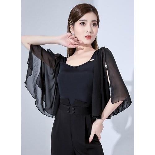 Women Summer Ballroom Dance Tops Chiffon Sleeve Standard Waltz Performance Costume Tango Latin Dance Practice Wear YS1712