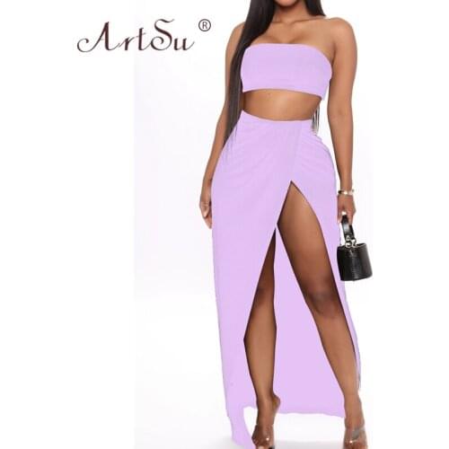 ArtSu Sexy Party Two Piece Set Women Tube Tops+Side High Split Long Skirts Matching Sets Summer Club 2 Piece Outfits Black 2020