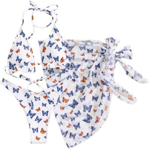 Women Sexy Butterfly Printed Push-Up Bra Underwear Split Swimsuit Bikini Set Swimwear for Beach Swimming