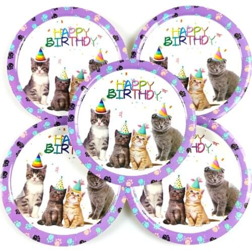 10pcs/lot Pet Cat Theme Plates Happy Birthday Events Party Tableware Supplies Kids Boys Favors Dishes Baby Shower Decoration