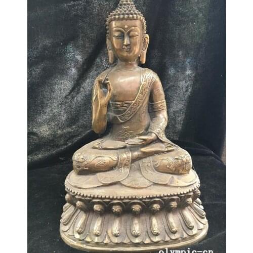 11''copper sculpture carved dragon figure totem seated Sakyamuni buddha statue