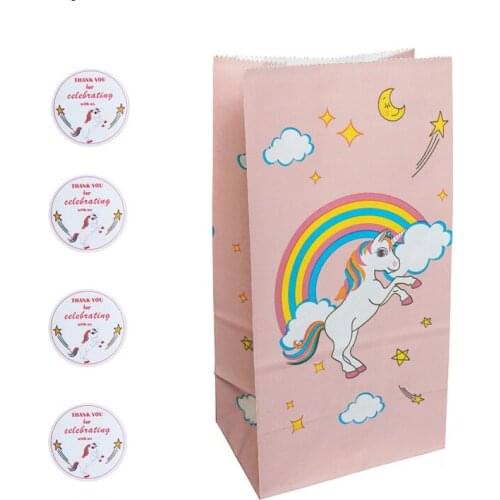 12Sets Pink Unicorn Paper Gift Bag with Stickers Rainbow Baby Shower Candy Bag Lovely Popcorn Paper Bags Wedding Party Supplies