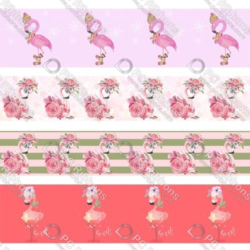16-75MM Cartoon Flamingo Printed Grosgrain&Sati&16MM Foe DIY Handmade Materials Christmas Wedding Gift Wrap Tape 50yards