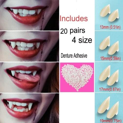20 Pairs Fake Vampire Teeth Fangs Halloween Party Zombie Ghost Devil Cosplay - Include Denture Adhesive - (13mm 15mm 17mm 19mm)