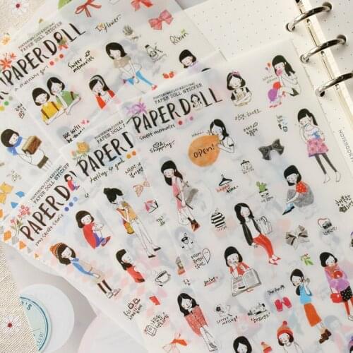6 Sheets/lot Cute Pencil Drawing Girl Mini Pvc Transparent Korean Stickers Papers Flakes Kids Decorative For Cards Stationery