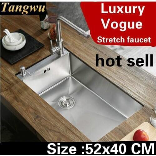 Free shipping Apartment big kitchen manual sink single trough luxury stretch faucet 304 stainless steel hot sell 520x400 MM