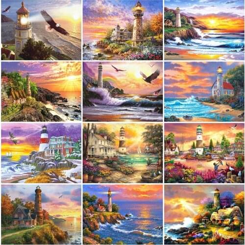 HUACAN DIY Diamond Painting Lighthouse Living Room Wall Decoration Mosaic Landscape Wall Stickers Diamond Art
