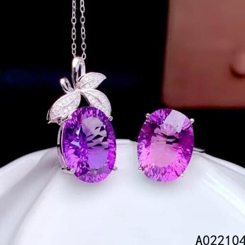 KJJEAXCMY fine jewelry 925 sterling silver inlaid Natural Amethyst women classic popular plant big gem pendant ring set support