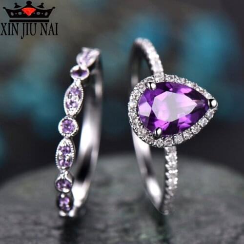 Boho Female Purple Water Drop Ring Set Fashion 925 Silver Love Engagement Amethyst Ring Vintage CZ Wedding Rings For Women