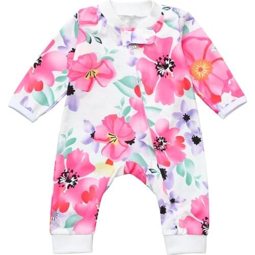 0-24M Newborn Baby Girl Flower Zipper Romper Long Sleeve Jumpsuit Outfit Clothes