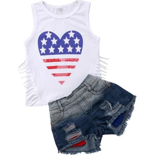 Fashion New Toddler Kids Girl Clothing Set Star Striped Tassel Vest T-shirt Tops+Denim Shorts Ripped Jean 2PCS Children Clothes