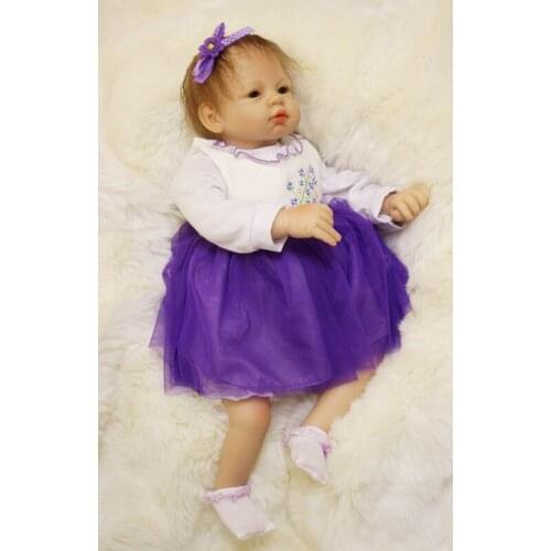 Bebes reborn girl 55cm soft silicone reborn baby dolls in purple dress children gift toy dolls real bebe alive bonecas reborn