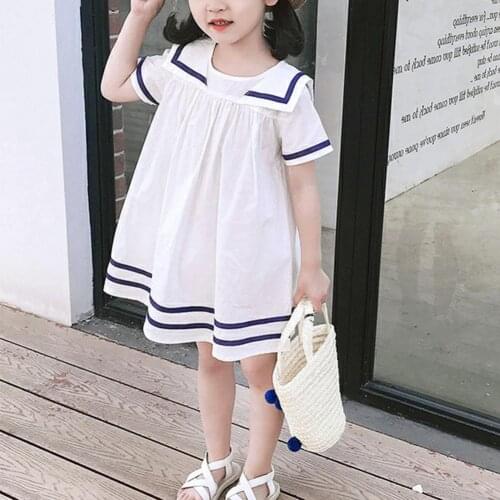 Summer Girl Dress Short Sleeve Loose Navy Style Girls Navy Collar White Dresses Childrens Clothes for Daily Wear