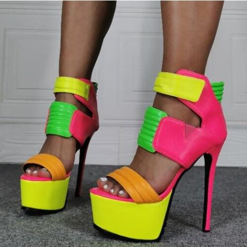 Linamong Lemon Yellow Green Pink Patchwork Hook & Look Platform Sandals Woman Sexy Super Thin Heels Peep Toe Sandals Club Shoes