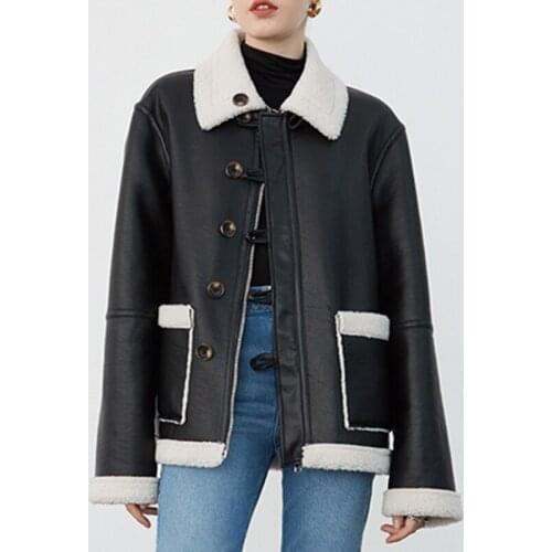 Trendy Winter Lambswool Both Side Wear PU Leather Jacket Women Loose Lapel Long Sleeve Coat Single Breasted Warm Outwear
