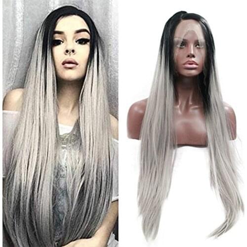 Transparent Lace 13x4 Lace Frontal Wigs Gray Straight Ombre Glueless Synthetic Lace Front Wig Grey Silk Base Highlight Cosplay