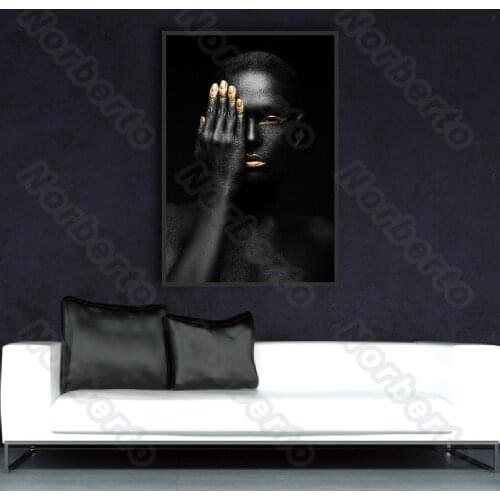 Modern Style Canvas Painting Poster Afraican Cool Black Woman Covering One Eye with Golden Colors for Living Room Decoration