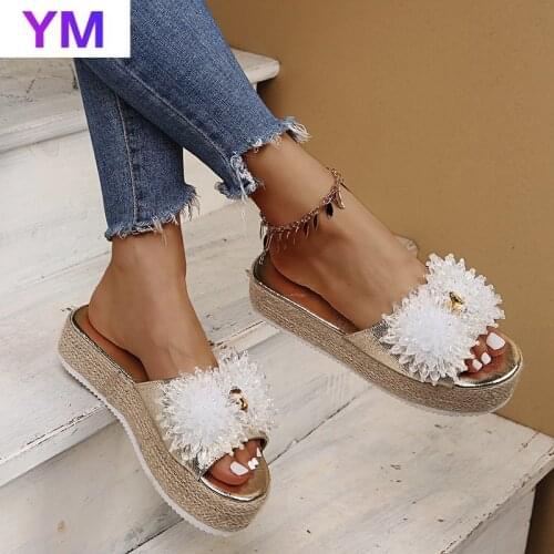 Beach Shoes String Bead Womans Sandals Platform Luxury Slides 2021 Designer Ladies Sandals Zapatillas Casa Mujer Sapato 35-43