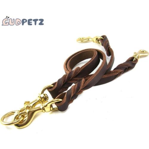 Genuine Leather Dog Leash for Two Three Dogs Handmade Double Lead Chain Heavy Duty Braided Training Leash for Medium Large Dogs