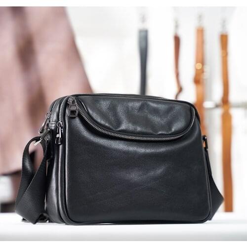Casual mens shoulder bag leather black messenger bag classic postman waist long mens bag 9.7 inches