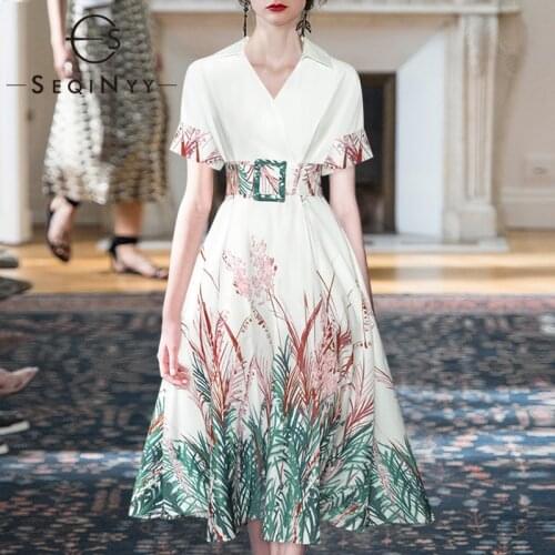 SEQINYY Elegant Midi Dress Designer Fashion Summer Runway New V-Neck Short Sleeve Flower Green Print Women A-Line Belt