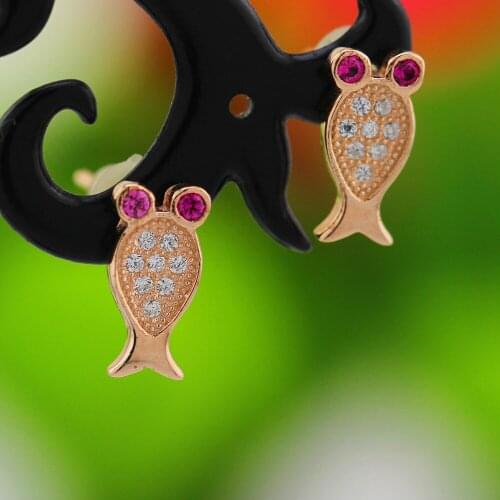 Cute 925 Sterling Silver W/ Rose Gold Color Goldfish CZ Small Stud Earrings For Women Girls Kids Jewelry Orecchini Aros Aretes