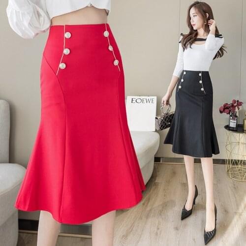 Plus Size 5XL High Waist Red Skirts Womens Pencil Skirt 2021 Elegant Korean Office Ladies Black double-breasted Skirt Jupe Femme