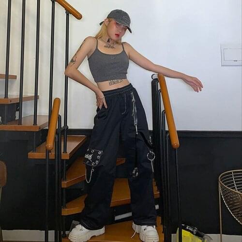 2021 Punk Black Cargo Pants Women Gothic Chain White Wide Leg Trousers Female Hippie Street Style For Woman