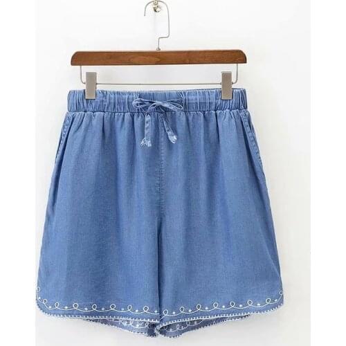 Plus Size XL-4XL Light Denim Shorts Elastic Waist Floral Embroidery Shorts Female Summer Sports Wear