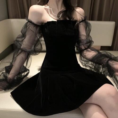 Women Sexy Black Off Shoulder Fairy Dress Lanter Sleeve Mesh Patchwork Velvet Mini Dress Party Night Club Gothic Dress Female