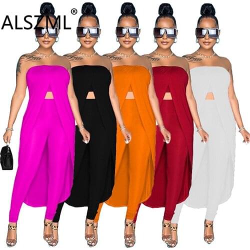 Women Skinny Pant Set Solid Strapless Two 2 Piece Sets Active Tracksuit Fashion Outfit Summer